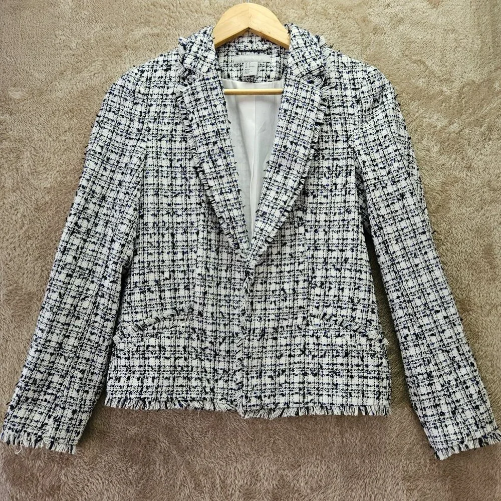 H&M Textured Tweed White Blue Weave Blazer Jacket Women's Size 4 - Picture 1 of 6
